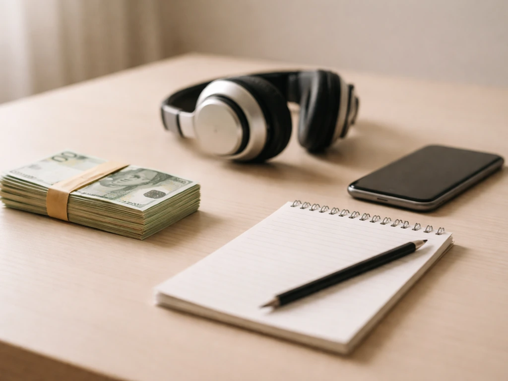 Minimal desk scene with a simple segmented cash-to-media wealth concept, no text or numbers.