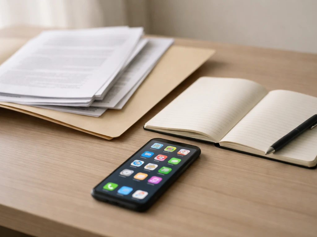 Close-up of a desk with documents, a notepad, and a smartphone showing streaming icons for estimate research.