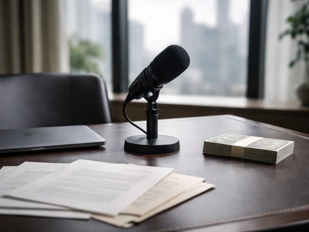 Minimal desk scene with a microphone and neatly organized documents, symbolizing business and media analysis