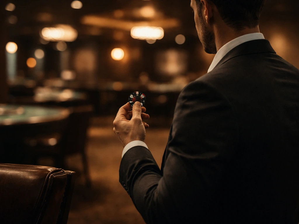 Anonymous luxury casino and business mood scene with a lone suited man holding a poker chip