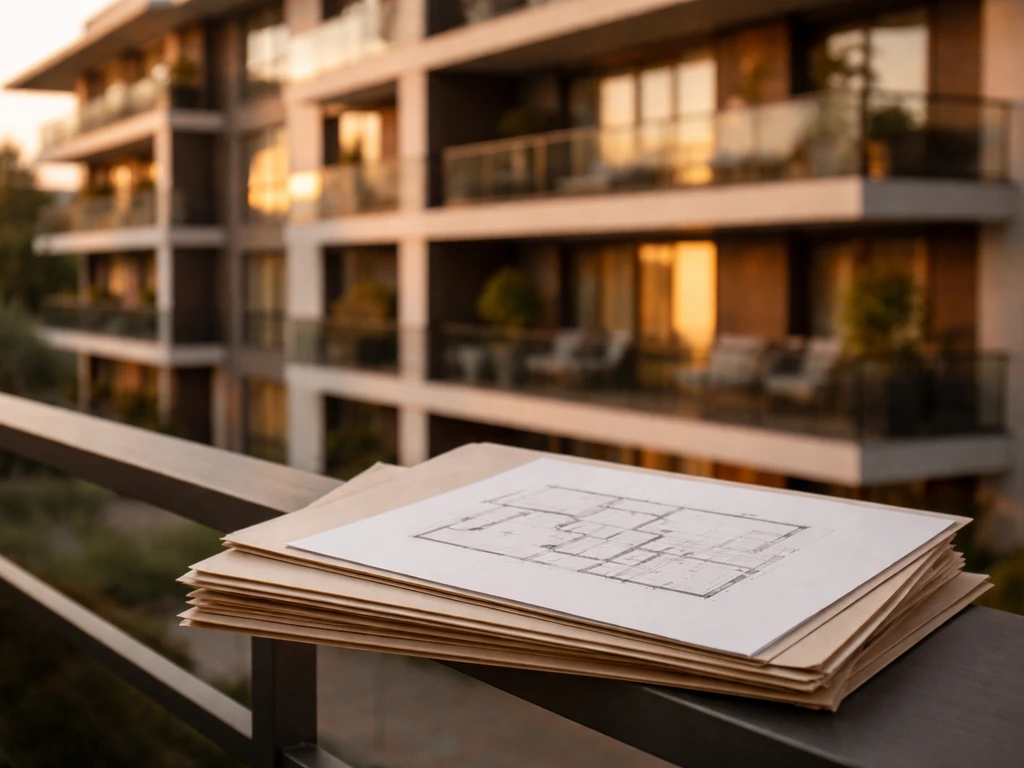 Luxury apartment exterior with a blank floor-plan style sheet and finance-themed documents on a desk.