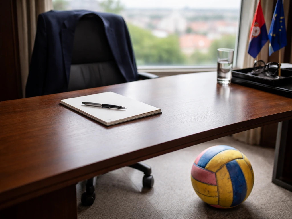 Serbian politician and water polo connection shown with a neutral office desk and a water polo ball