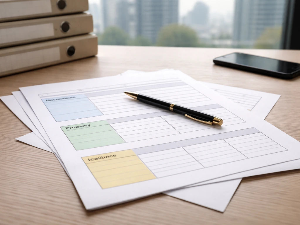 Desk with anonymous asset-disclosure documents, pen, and highlighted sections on property, income, and liabilities.