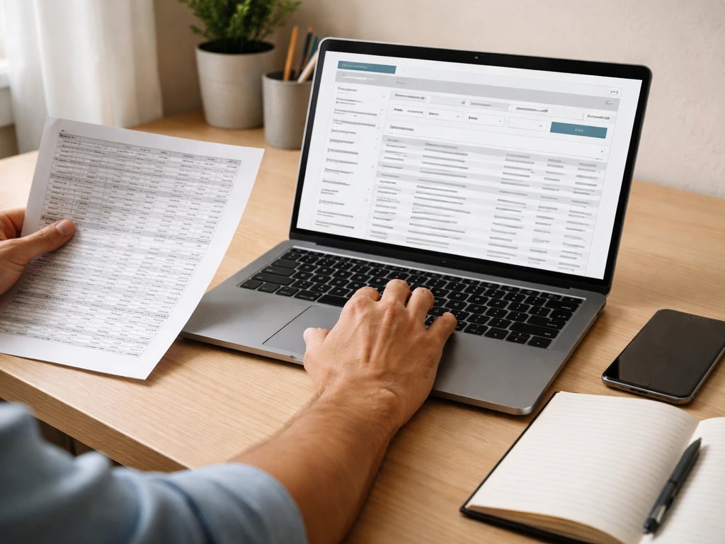 Hands reviewing blank financial records on a laptop, using a notebook and phone on a minimal desk.