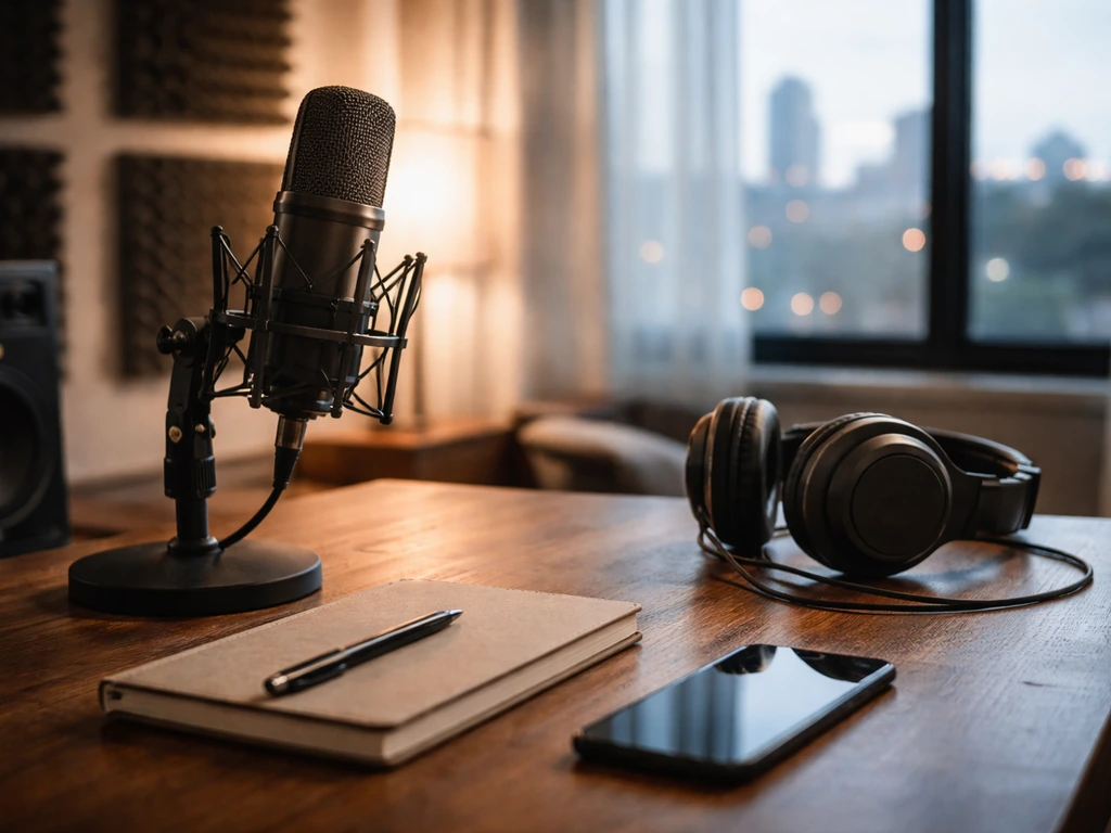 Close-up of a music studio desk with microphone and a smartphone showing an anonymous streaming app vibe