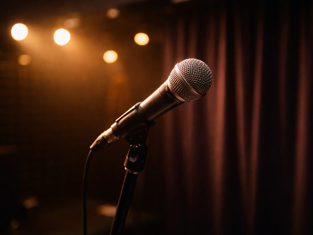 Close-up of a studio microphone with warm stage lights reflecting on a glossy surface