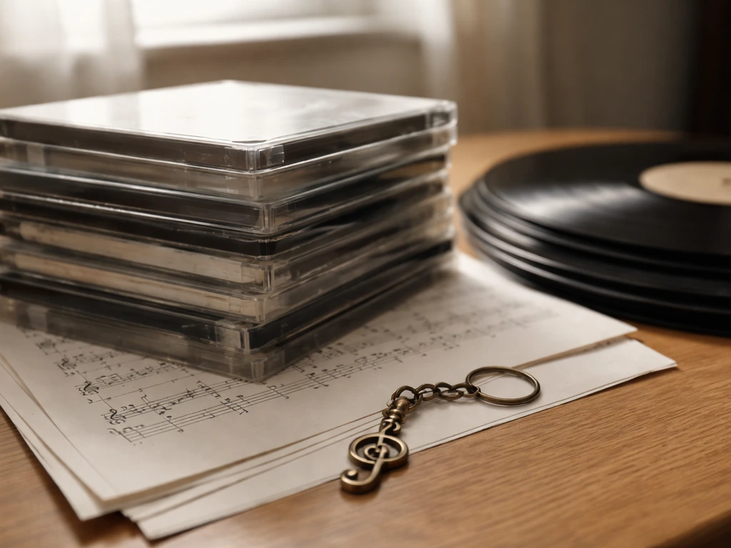 Close-up of vinyl and CD catalog items with a music sheet on a wooden desk, symbolizing royalties.