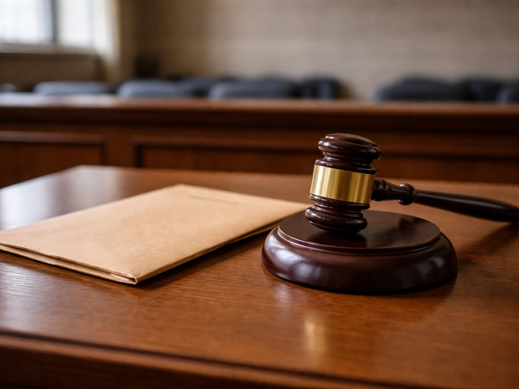 Minimal courtroom scene with a judge’s gavel and an envelope, symbolizing a legal settlement cash award.