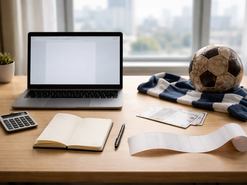 Minimal office desk with laptop, calculator, and neatly arranged sports memorabilia symbolizing net-worth estimation