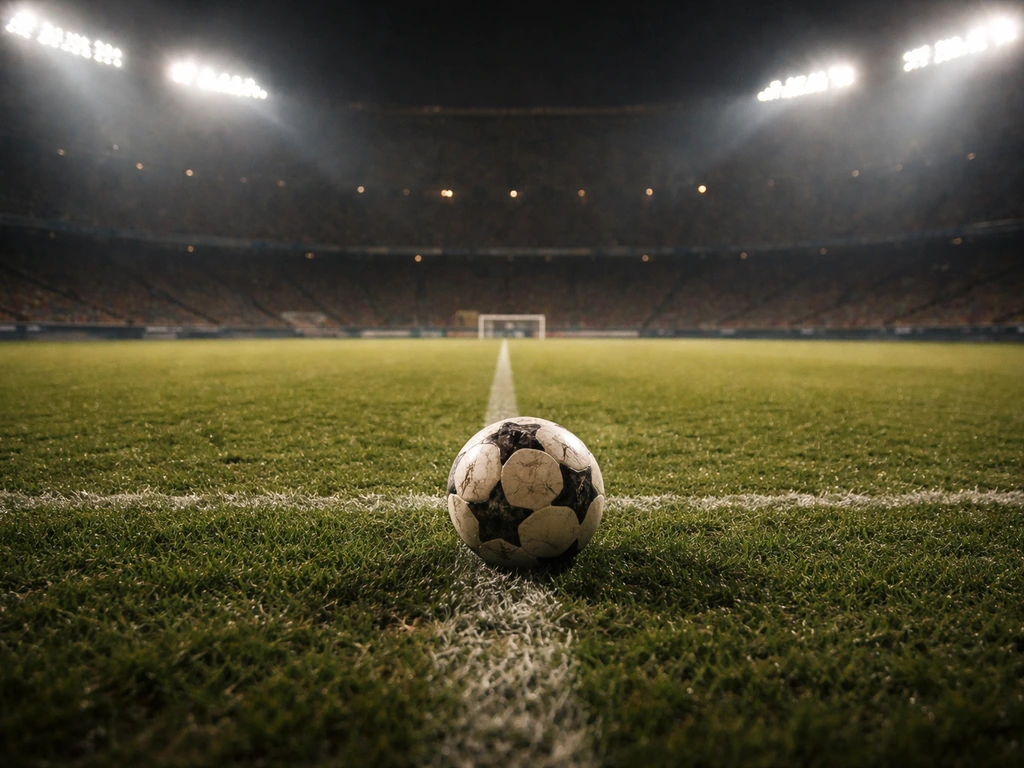 Empty stadium at night with warm lights, evoking the intensity of a 1998 Champions League final