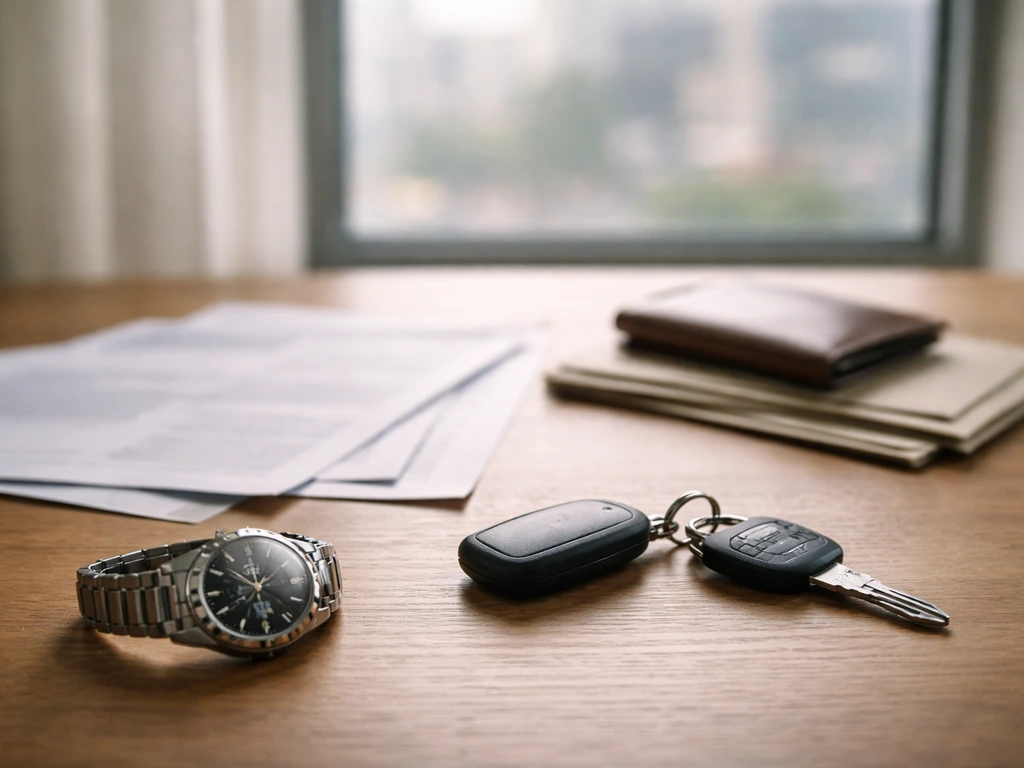 Minimal desk scene with luxury watch, car keys, and blurred documents suggesting uncertain spending estimates.