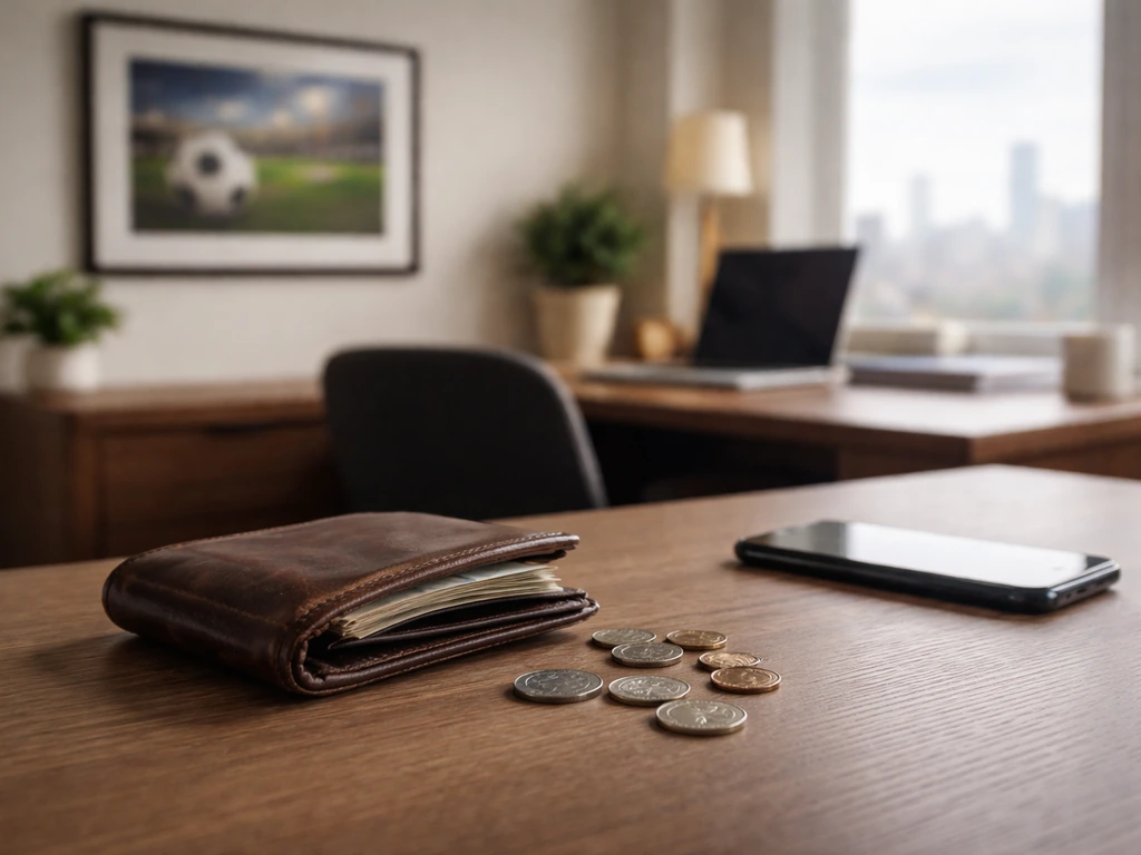 Cozy modern office desk with a leather wallet, smartphone, and scattered coins suggesting football finance analysis.