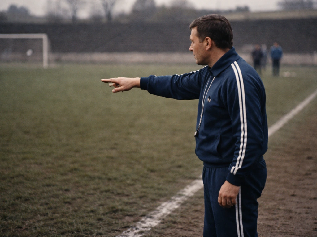 Dinamo Zagreb-era football coach silhouette on a vintage pitch during training, early evening light