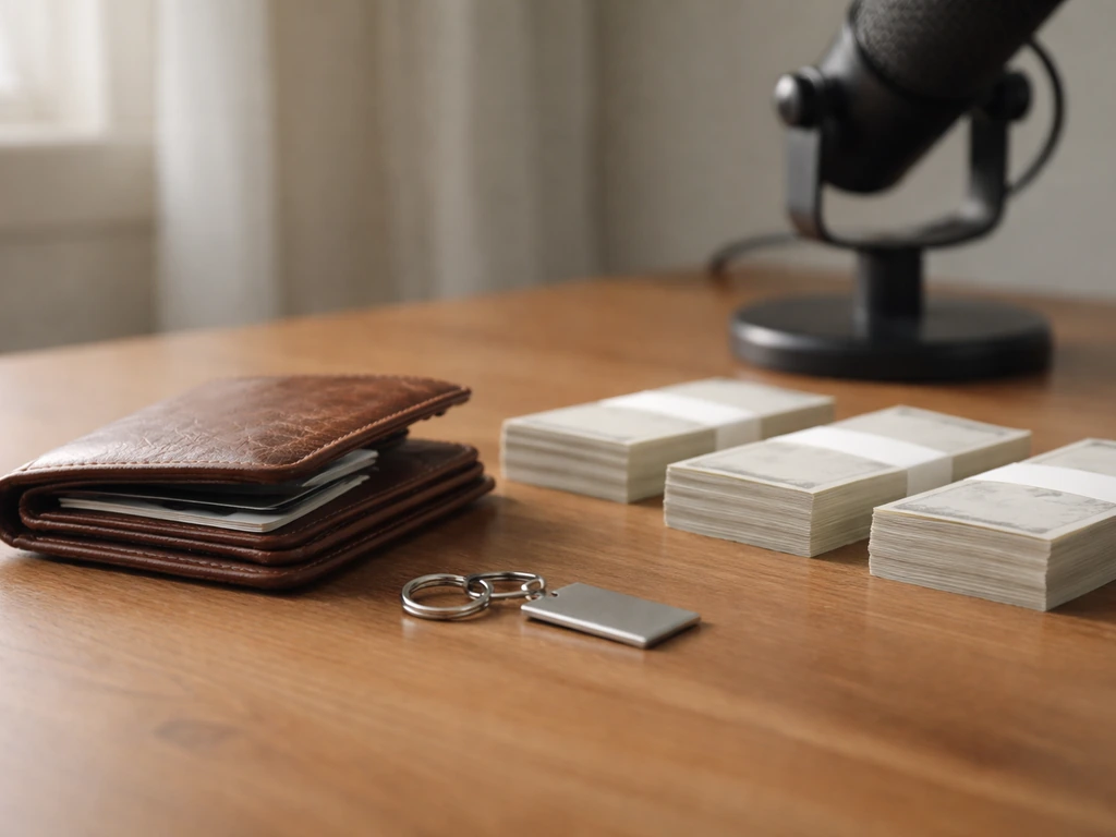 Leather wallet on a wooden desk beside banknotes and a microphone base, symbolizing income streams.