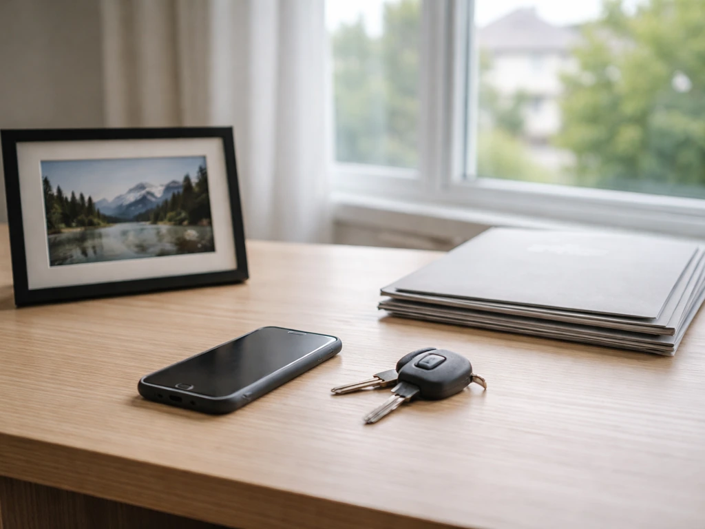Close-up of a minimal home office desk with blurred paperwork, framed photo, and car keys in daylight.