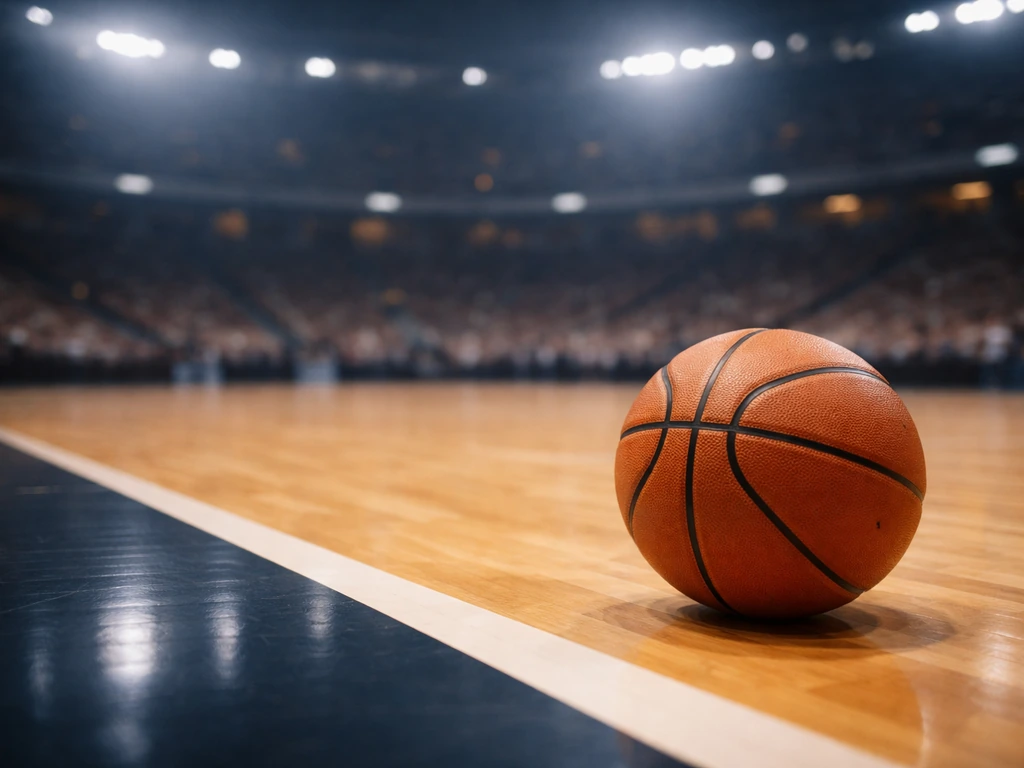Basketball-themed symbolic scene with a practice ball and a focused arena backdrop, representing pro career identity