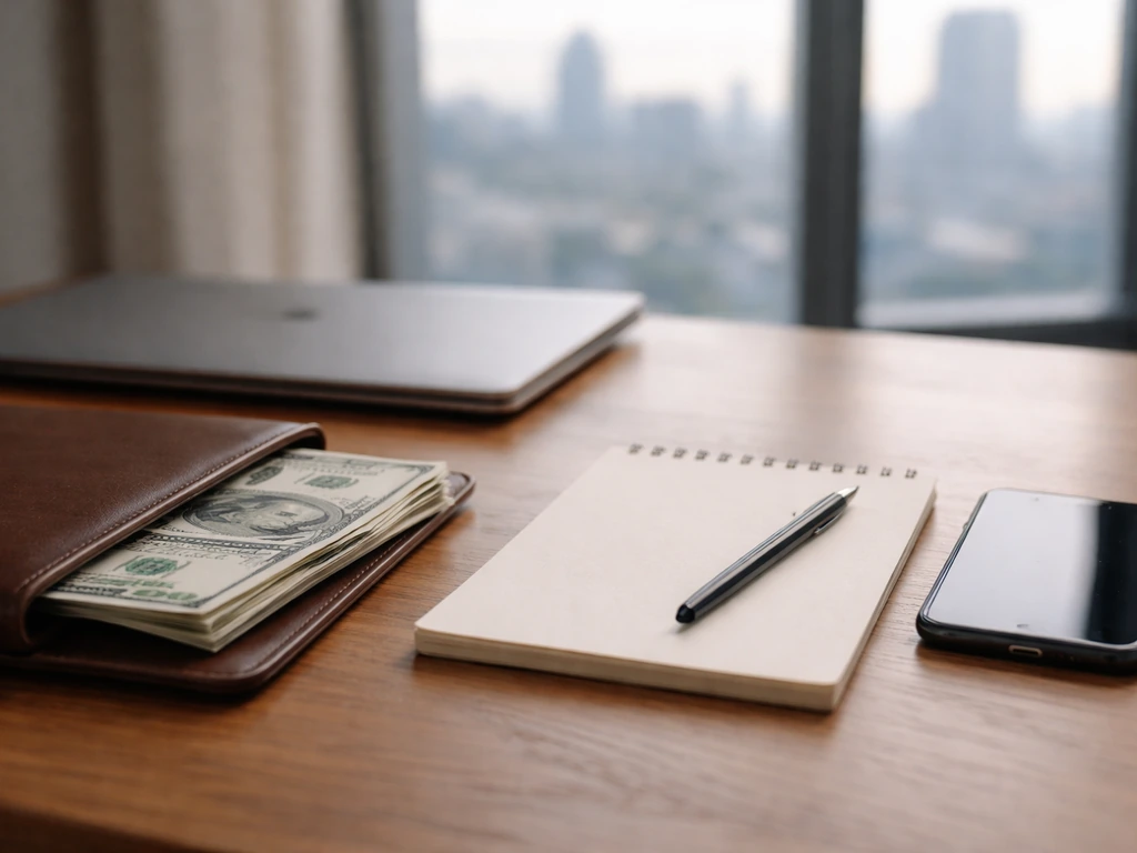 Minimal office desk with cash and a blank notepad, symbolizing year-by-year net worth analysis.