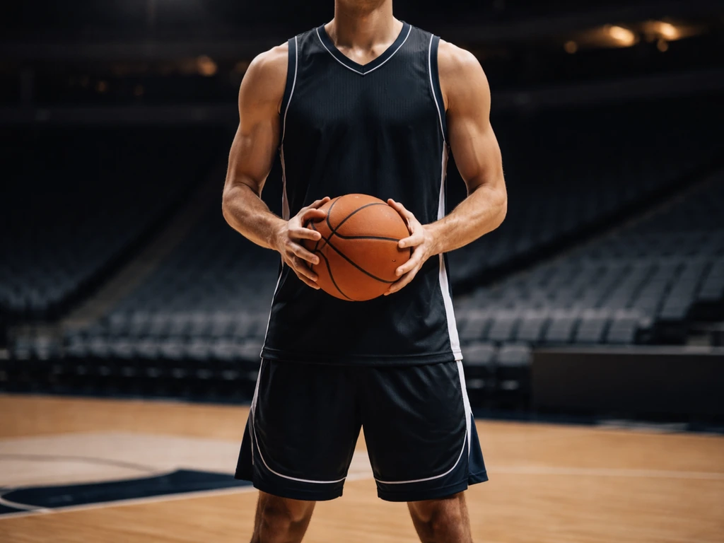 Anonymous basketball player in a Minnesota Timberwolves-style jersey holding a basketball on an empty court.