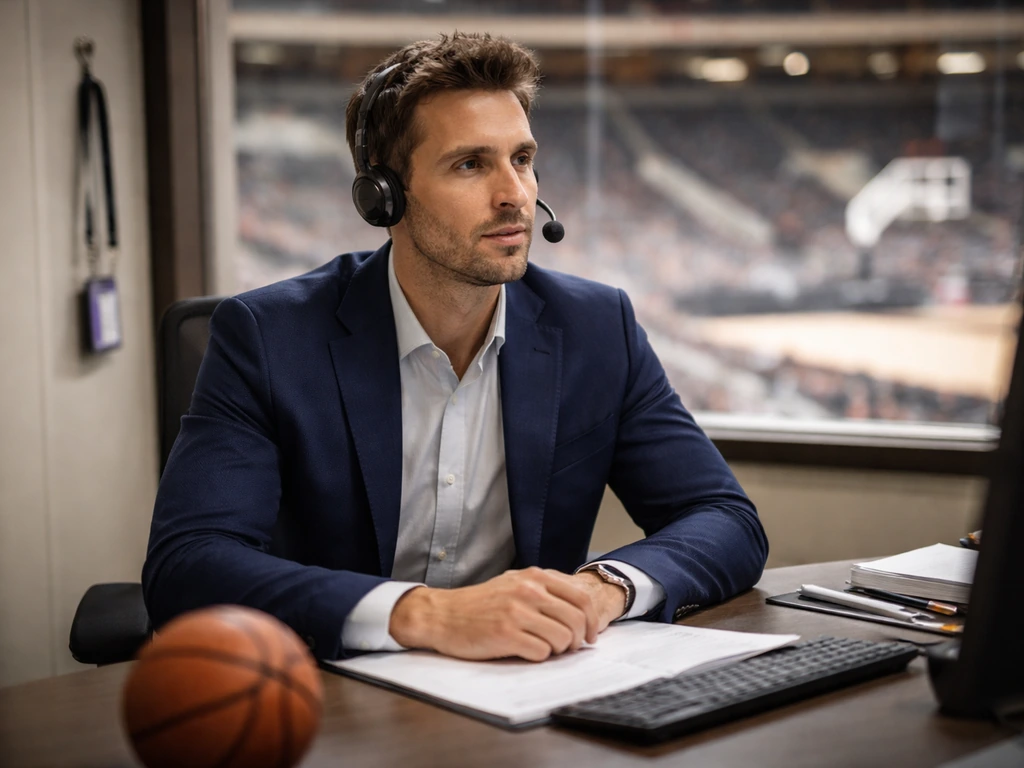 Anonymous basketball operations staff member at a desk with a basketball and blurred arena background.