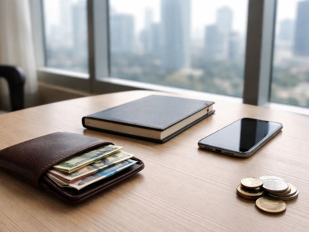 Minimal office desk with coins and a wallet, symbolizing estimated net worth ranges without any text.