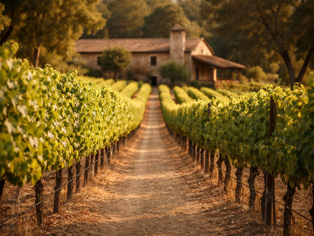 Golden-hour vineyard rows with a rustic winery building in the background, representing a business investment property.