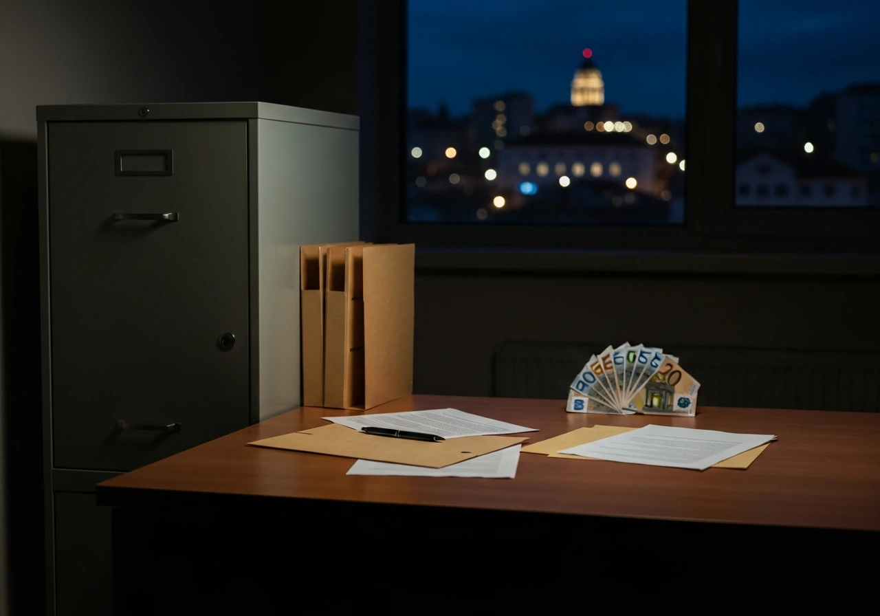 Moody office desk with scattered documents, cash-like props, and a dim city view suggesting a legal investigation