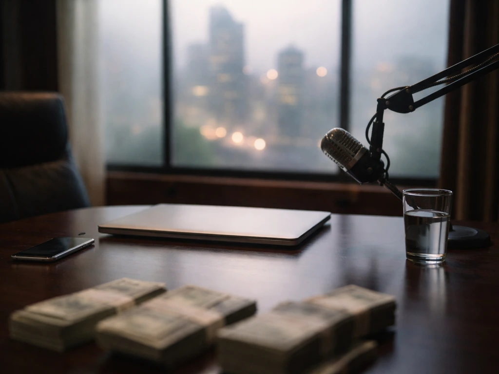Empty executive desk with phone and vintage microphone, city skyline beyond frosted window, hinting media and wealth.