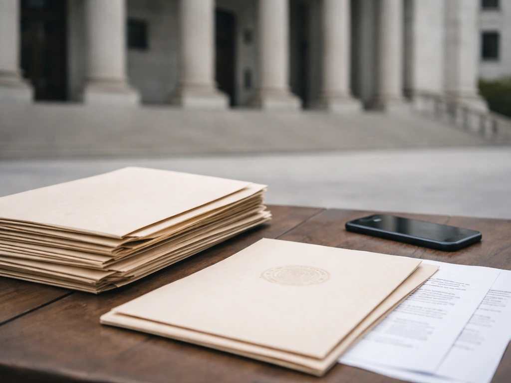 Courthouse exterior and blurred legal documents beside a smartphone, suggesting sourced wealth estimates.