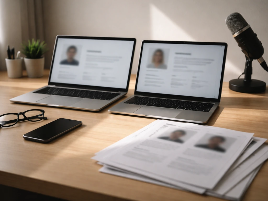 Office desk with two blurred business laptop screens and documents, symbolizing mistaken identity.