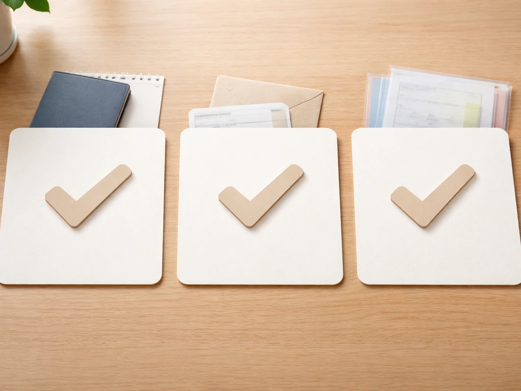 Minimal desk scene with three checkmarks on cards representing confirm identity, income sources, and comparison steps