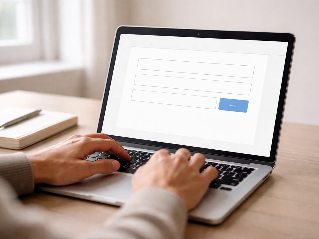 Laptop showing an empty business registry search page with a clean form, reflecting public records access.