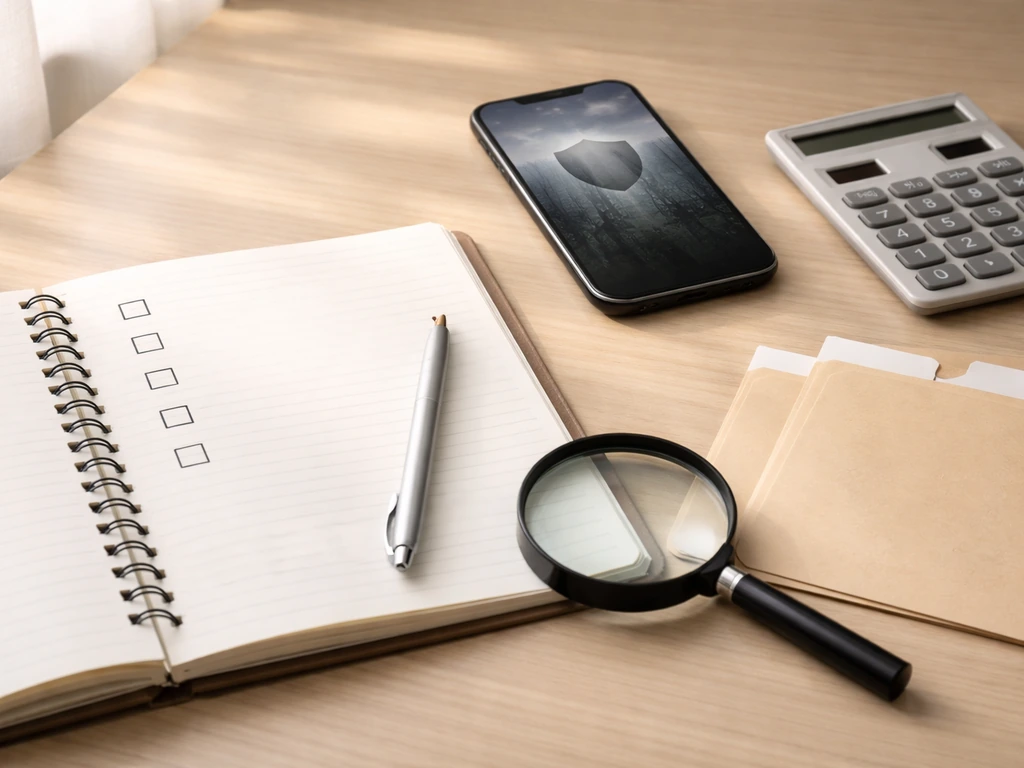 Minimal desk scene with an open blank checklist notebook, calculator, phone, and magnifying glass.