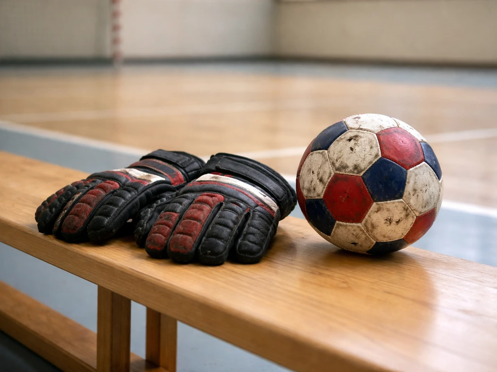 Croatian handball goalkeeper gloves and ball on an indoor court bench, hinting at a goalkeeper without a person