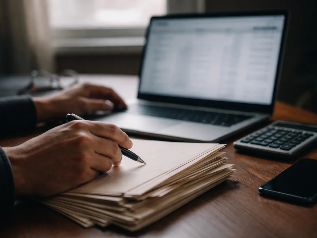 Close-up of hands and a laptop beside scattered contract folders, symbolizing layered net-worth inference