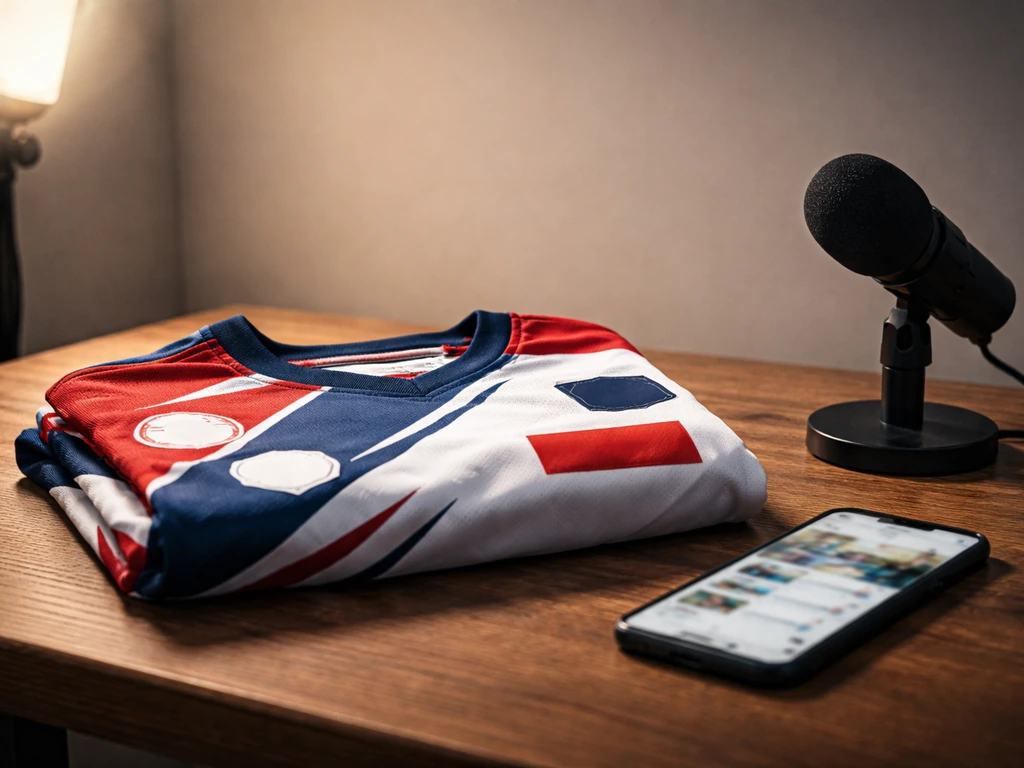 Handball jersey with generic sponsor patches and a phone/microphone on a table, suggesting media and sponsorship.