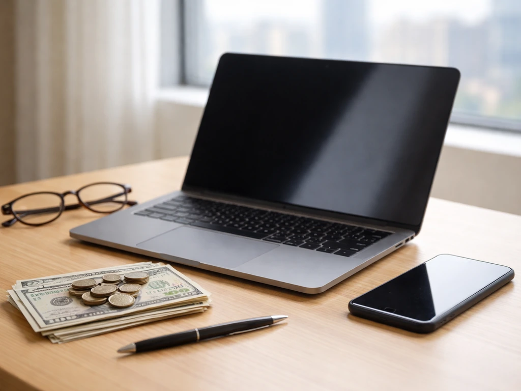 Minimal photo of a laptop and smartphone on a tidy desk with scattered currency for net worth cross-checking