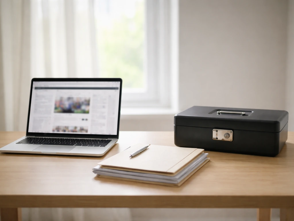 Desk with laptop and generic contract documents beside a locked briefcase symbolizing private finances.
