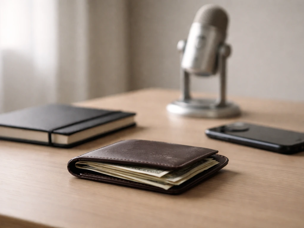 Minimal finance desk with wallet, notebook, phone, and a microphone suggesting contracts and bonuses