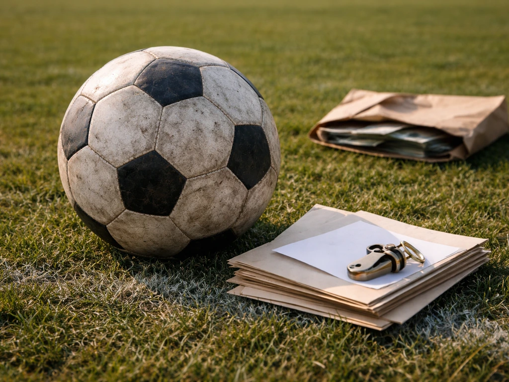 Football on grass with envelopes and whistle, evoking appearance and match bonuses for international tournaments.