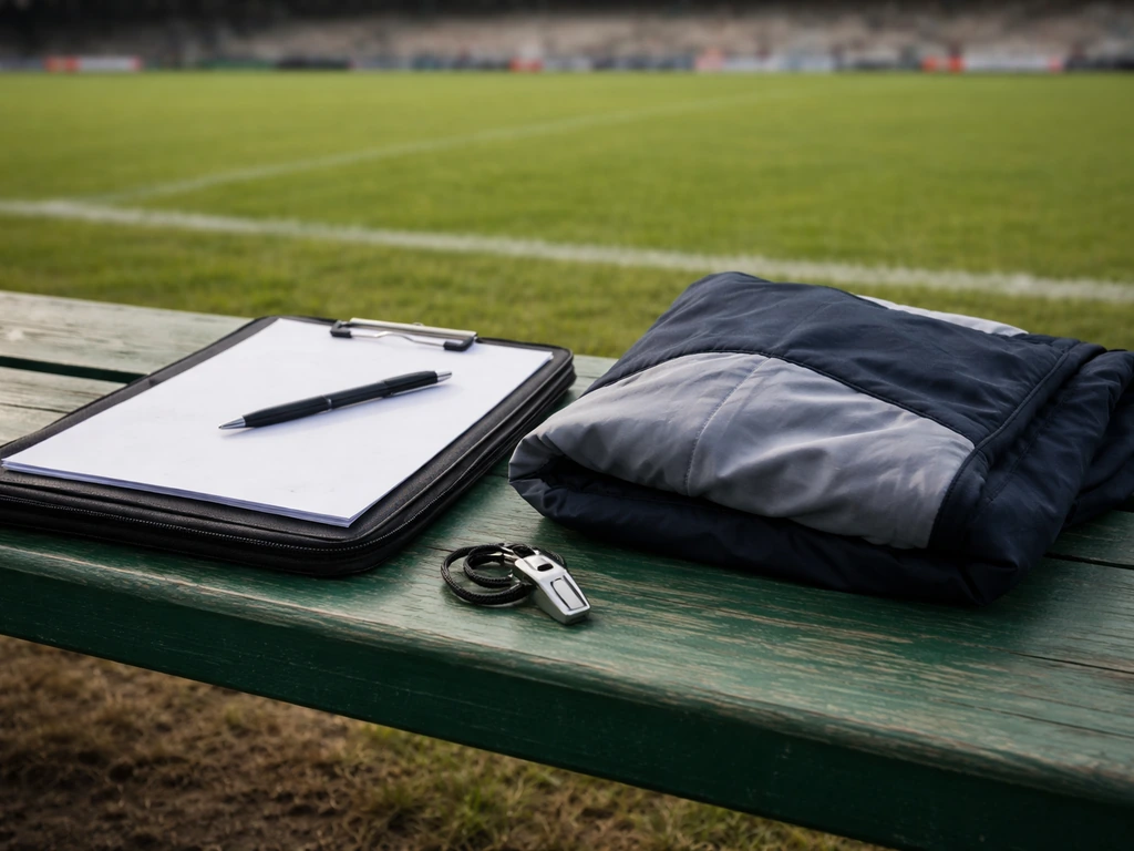 Whistle and coaching gear on a soccer bench with a softly blurred stadium sideline in the background.