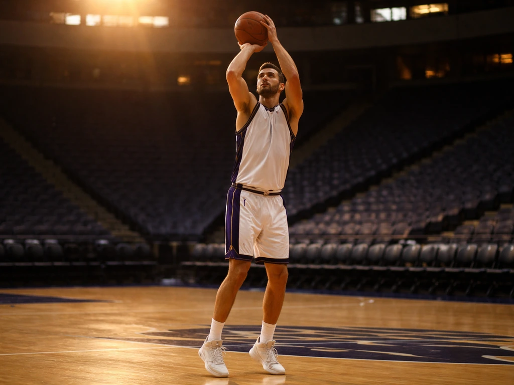 Peja Stojaković shooting a basketball in a quiet NBA arena during golden-hour practice.