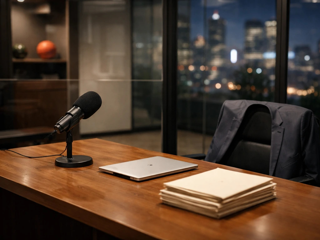 Empty Sacramento Kings–style front office desk with documents and a microphone in soft daylight