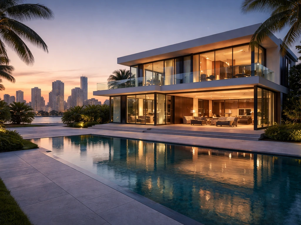 Luxury Miami villa exterior with pool and a softly blurred skyline at dusk