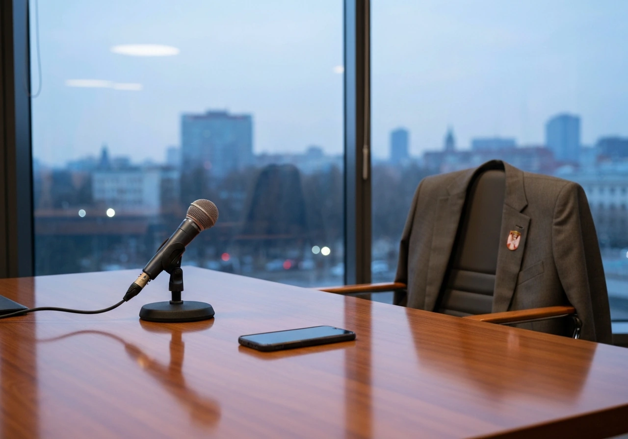 Minimal photo of a business meeting desk with a microphone and Serbian flag pin, symbolizing defense and investment