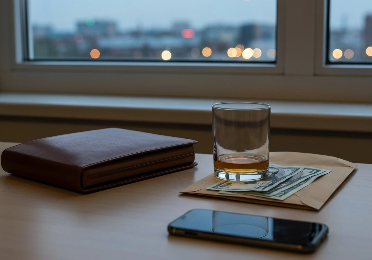 Minimal photo of a businessperson’s desk with an envelope and cash near a window, symbolizing wealth estimates.