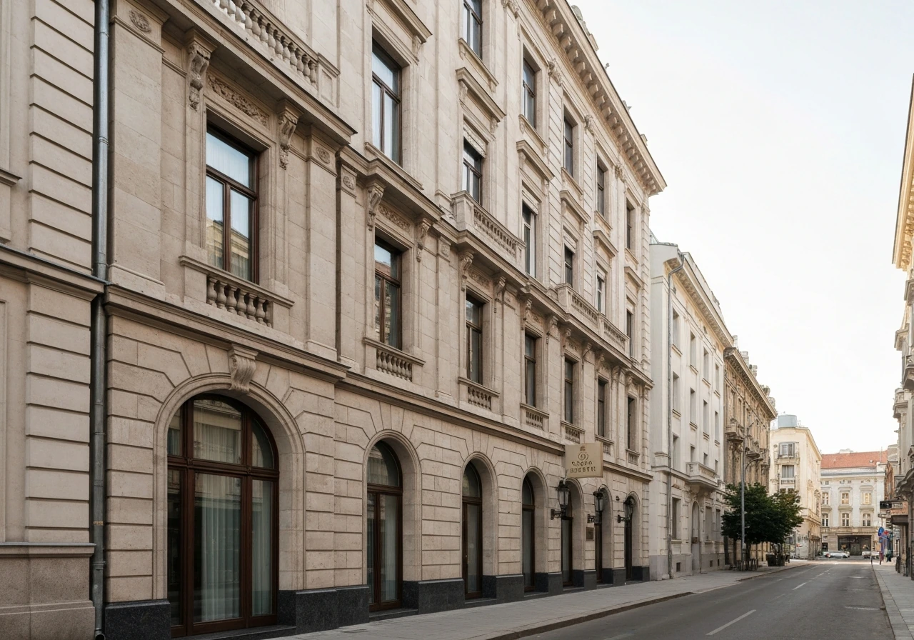 Belgrade luxury hotel “Moskva” exterior facade with elegant architecture in soft daylight