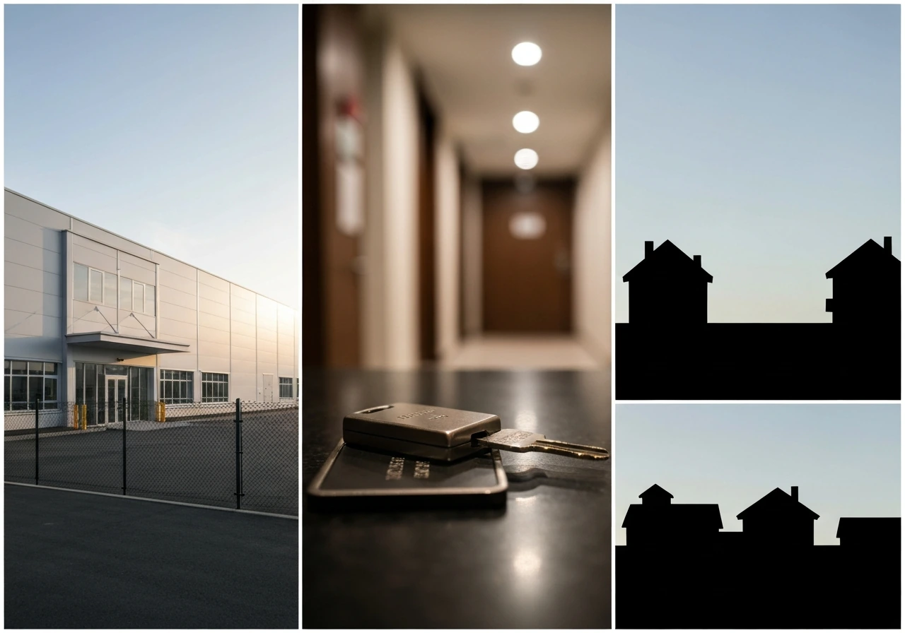 Minimal collage showing a factory exterior, a hotel keycard scene, and property silhouettes as wealth signals.