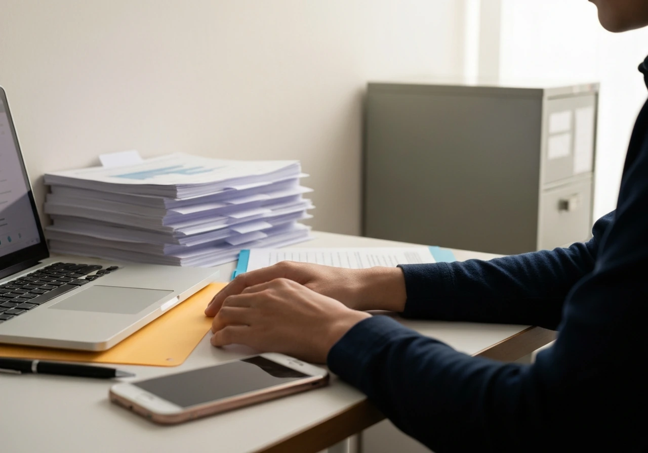 Minimal photo of a laptop with a document folder on a desk, representing verifying official company statements.