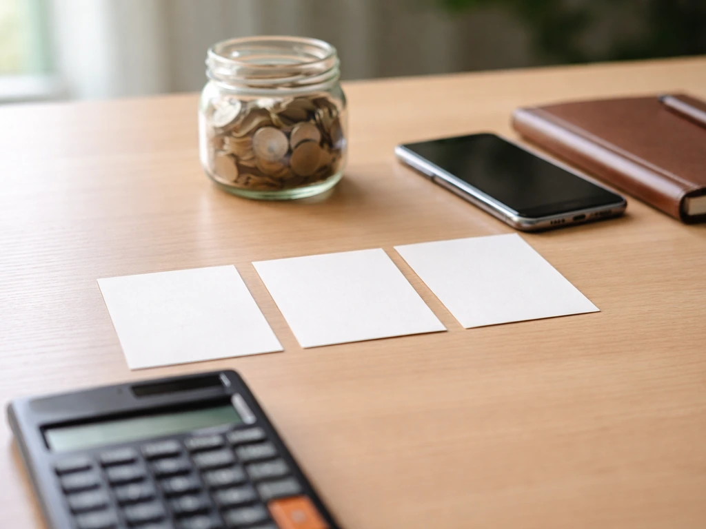 Minimal desk scene with calculator and small cards implying business asset and revenue signals