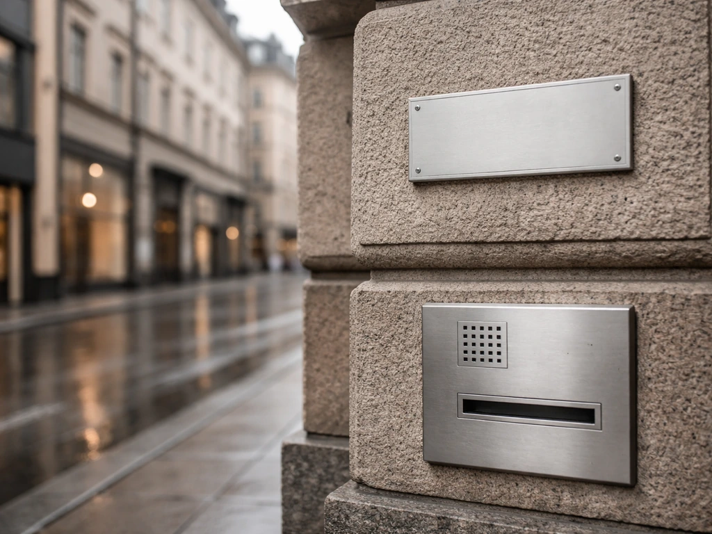 Stockholm building facade with a small address-plaque lookalike and a quiet business district backdrop.